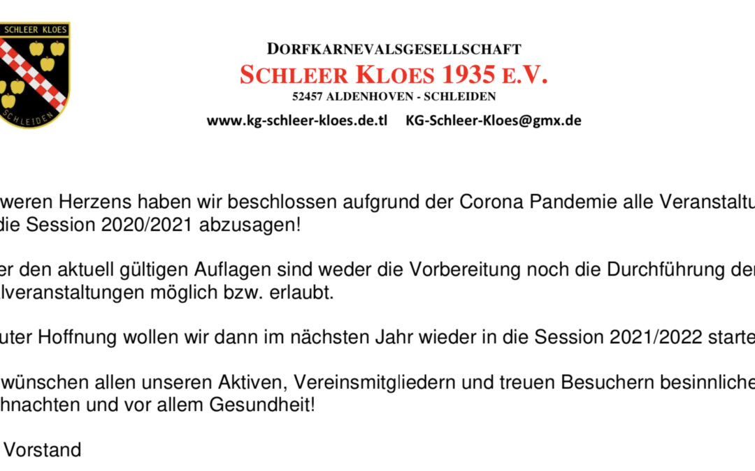 Bekanntmachung der KG Schleer Kloes zur kommenden Session