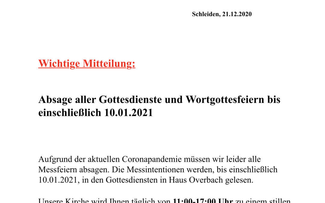 Absage aller Gottesdienste und Wortgottesfeiern bis einschließlich 10.01.2021